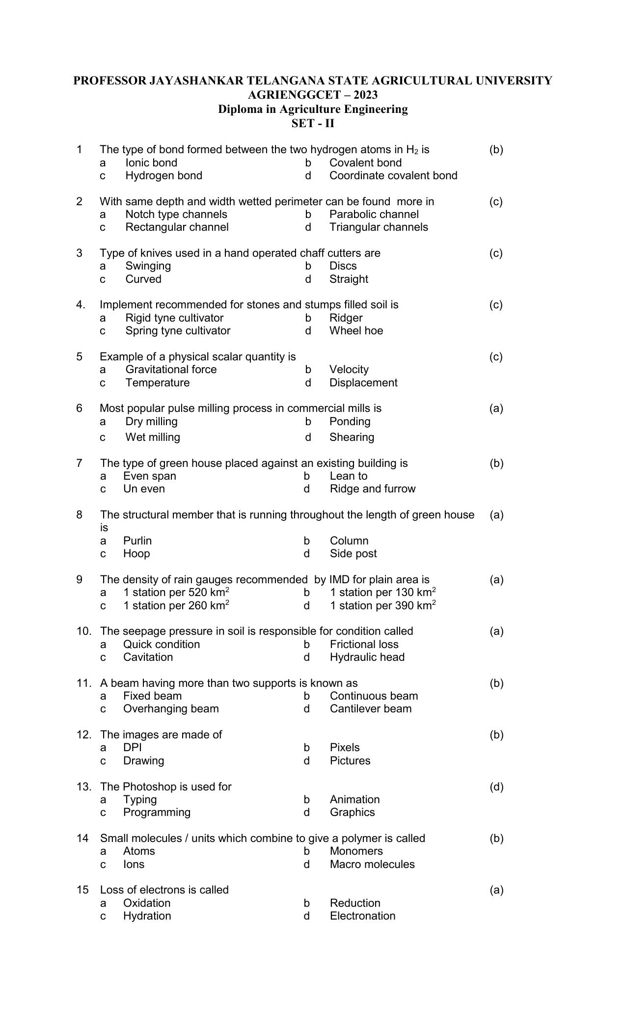 TS AGRICET 2023 Agricultural Engineering PAPER WITH KEY - Page 1