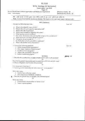 Bilaspur University Question Paper June 2022:M.Sc. Zoology (Fourth Semester) Cellular Organization And Molecular Organisation Paper 1