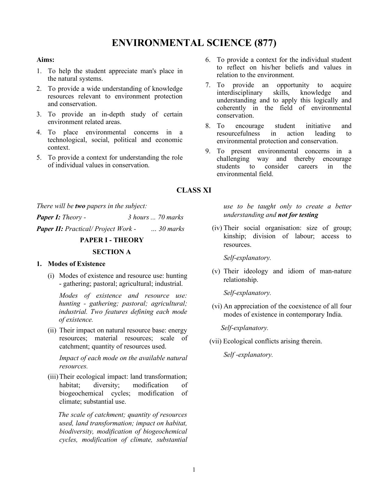 ISC Class XI & XII Environmental Science 2025 Syllabus - Page 1