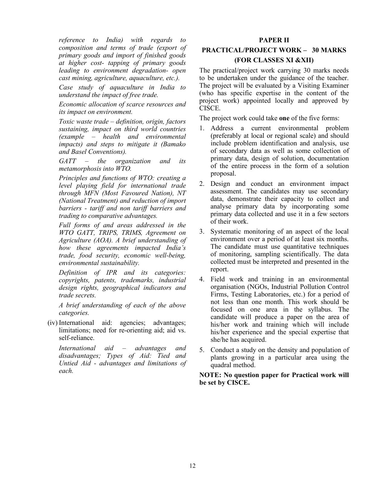 ISC Class XI & XII Environmental Science 2025 Syllabus - Page 12