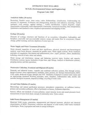 JMI Entrance Exam M45-M.Tech.(Environmental Science & Engineering)(Regular)/M.Tech.(Environmental Science & Engineering)(Part-time) Syllabus