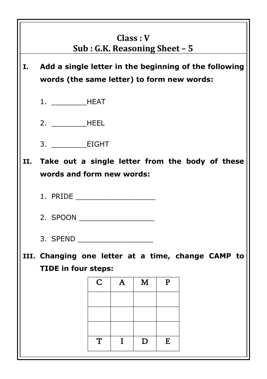 Worksheet for Class 5 General Knowledge Reasoning Sheet Assignment - Page 1
