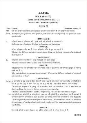 Bilaspur University Question Paper 2021-2022: B.B.A. Part-II (Two) (II) Business Statistics Paper 2 