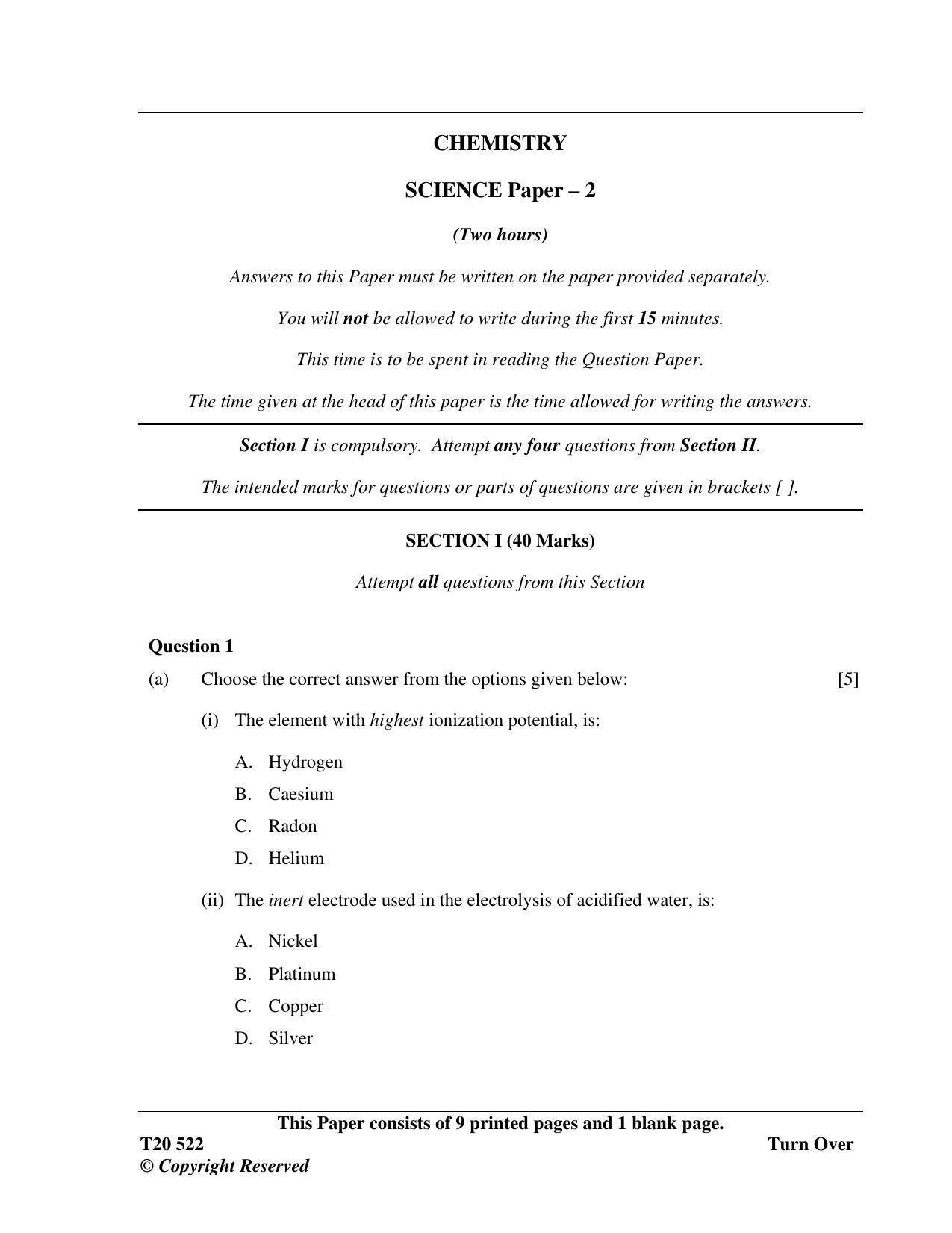 ICSE Class 10 Science Paper 2 (Chemistry) 2020 Question Paper - Page 1