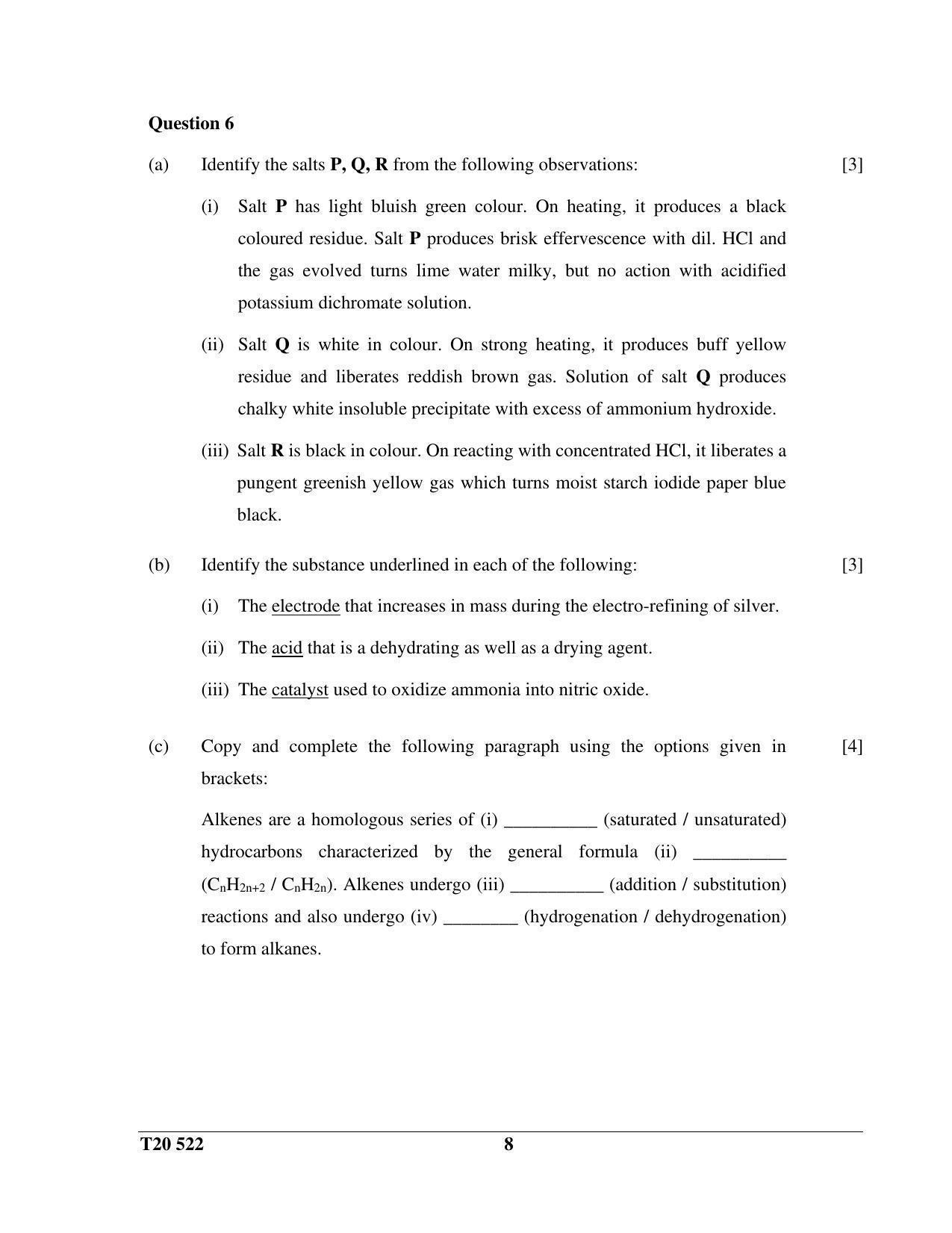 ICSE Class 10 Science Paper 2 (Chemistry) 2020 Question Paper - Page 8