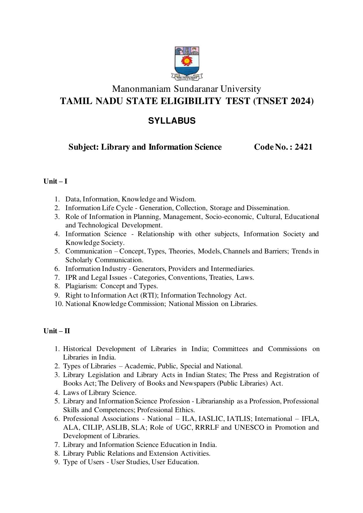 TNSET Syllabus - Library and Information Science - Page 1