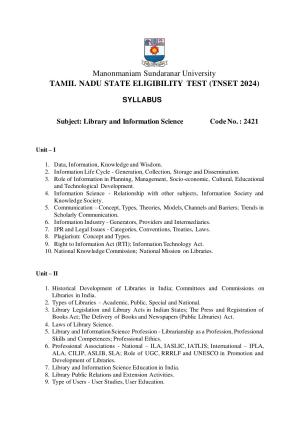 TNSET Syllabus - Library and Information Science