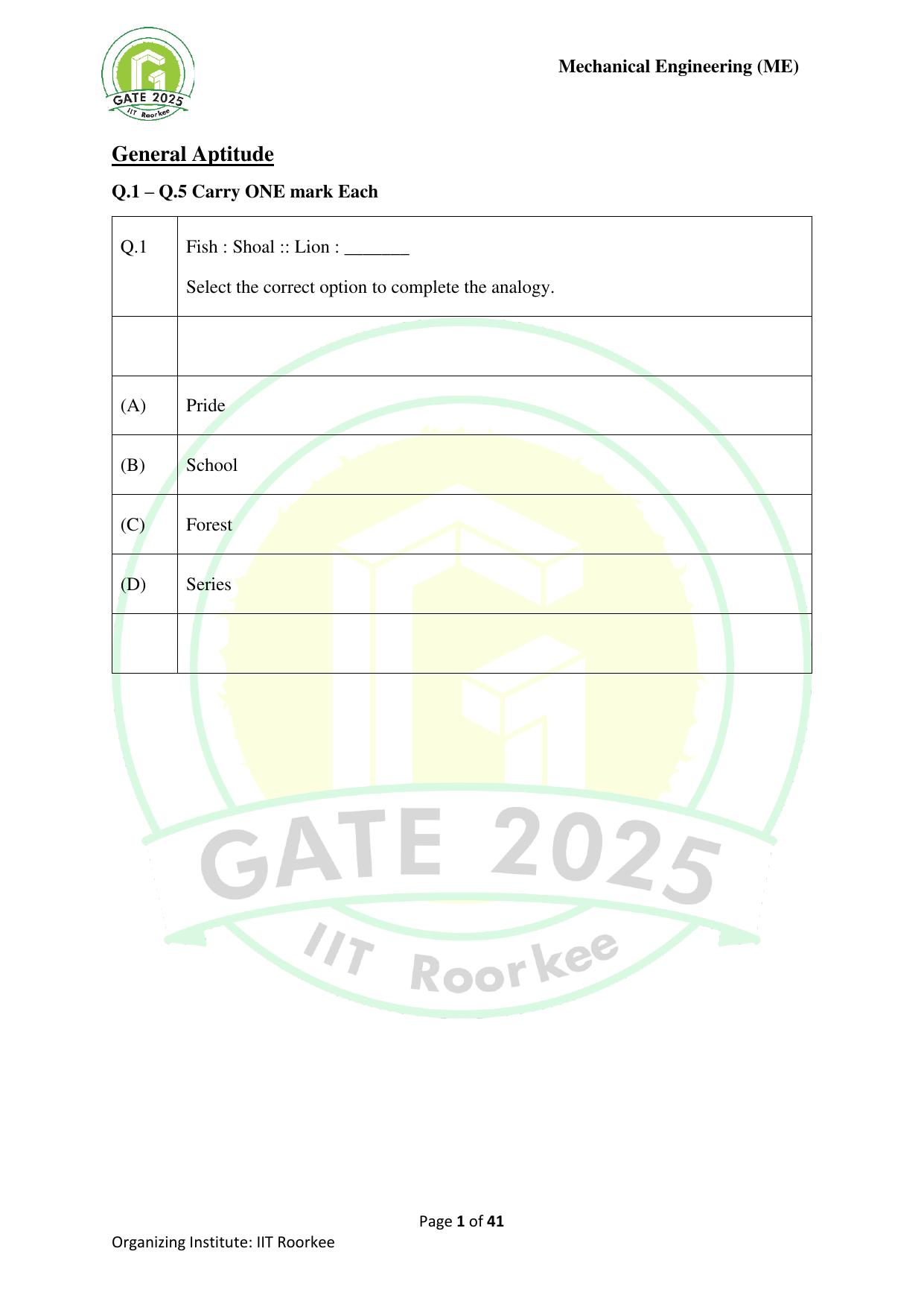GATE 2025 Mechanical Engineering (ME) Question Paper - Page 1