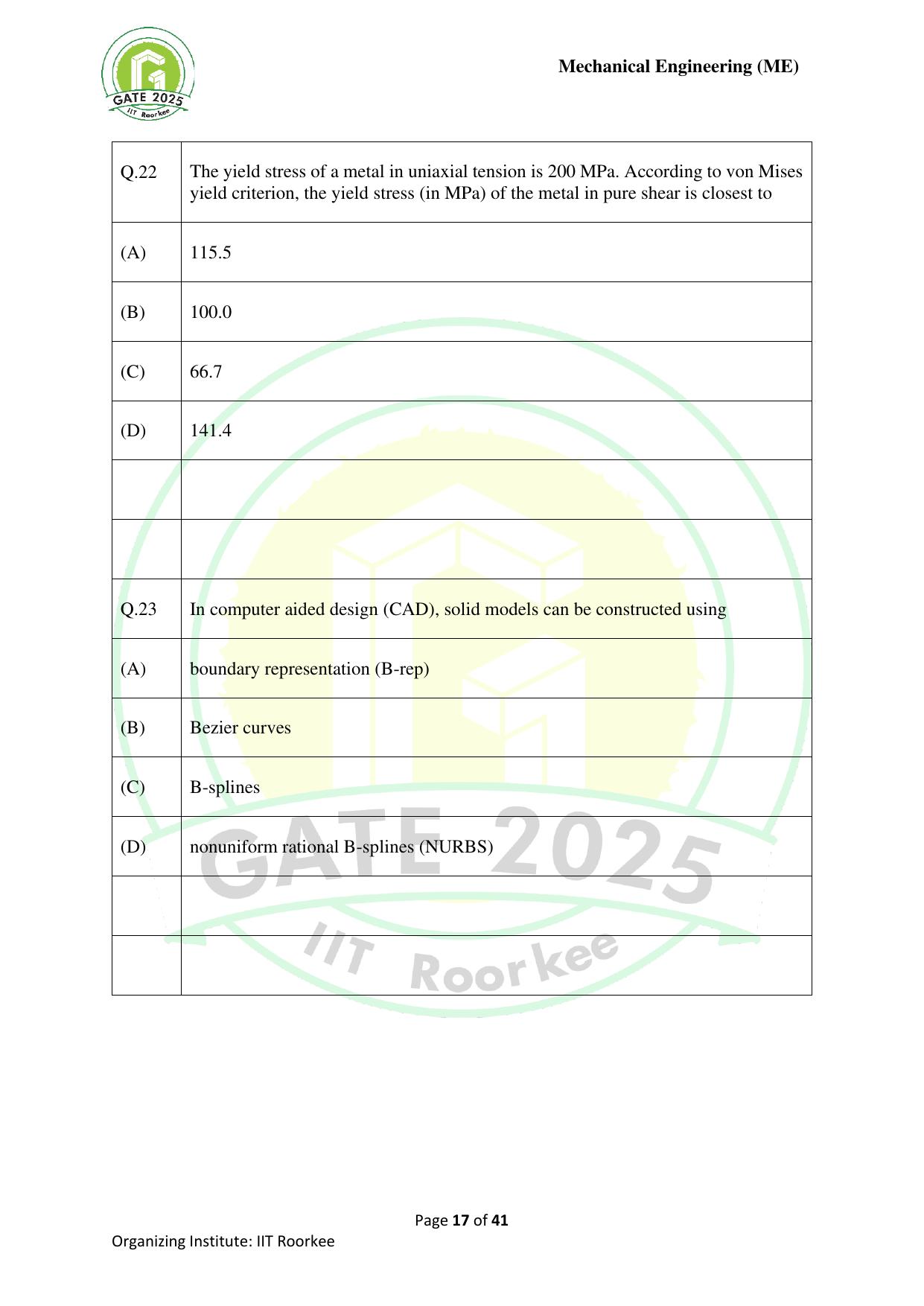 GATE 2025 Mechanical Engineering (ME) Question Paper - Page 17