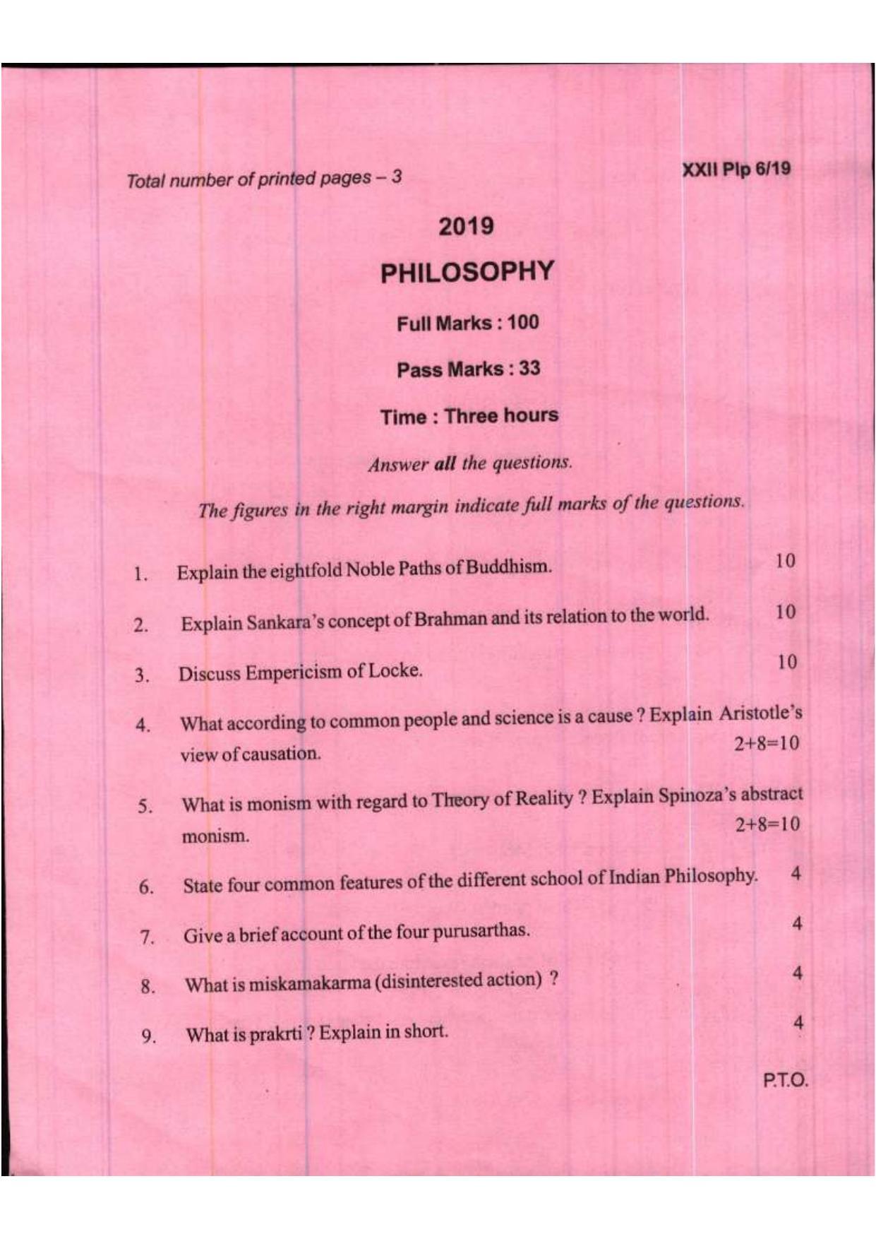 COHSEM Class 12 Philosophy 2019 Question Papers - Page 1