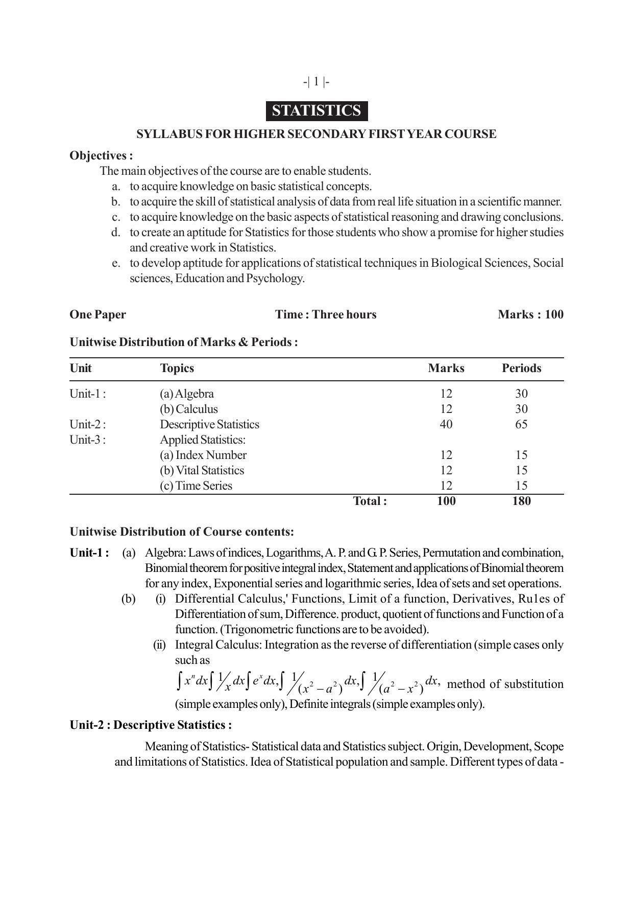 AHSEC 1st Year Statistics Syllabus - Page 1