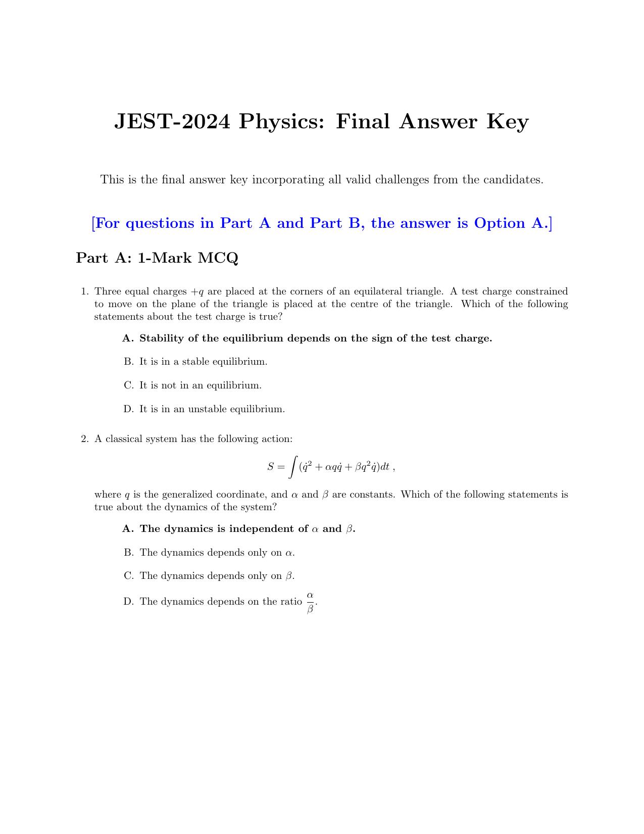 JEST 2024 Physics Question Paper with  Answer key - Page 1