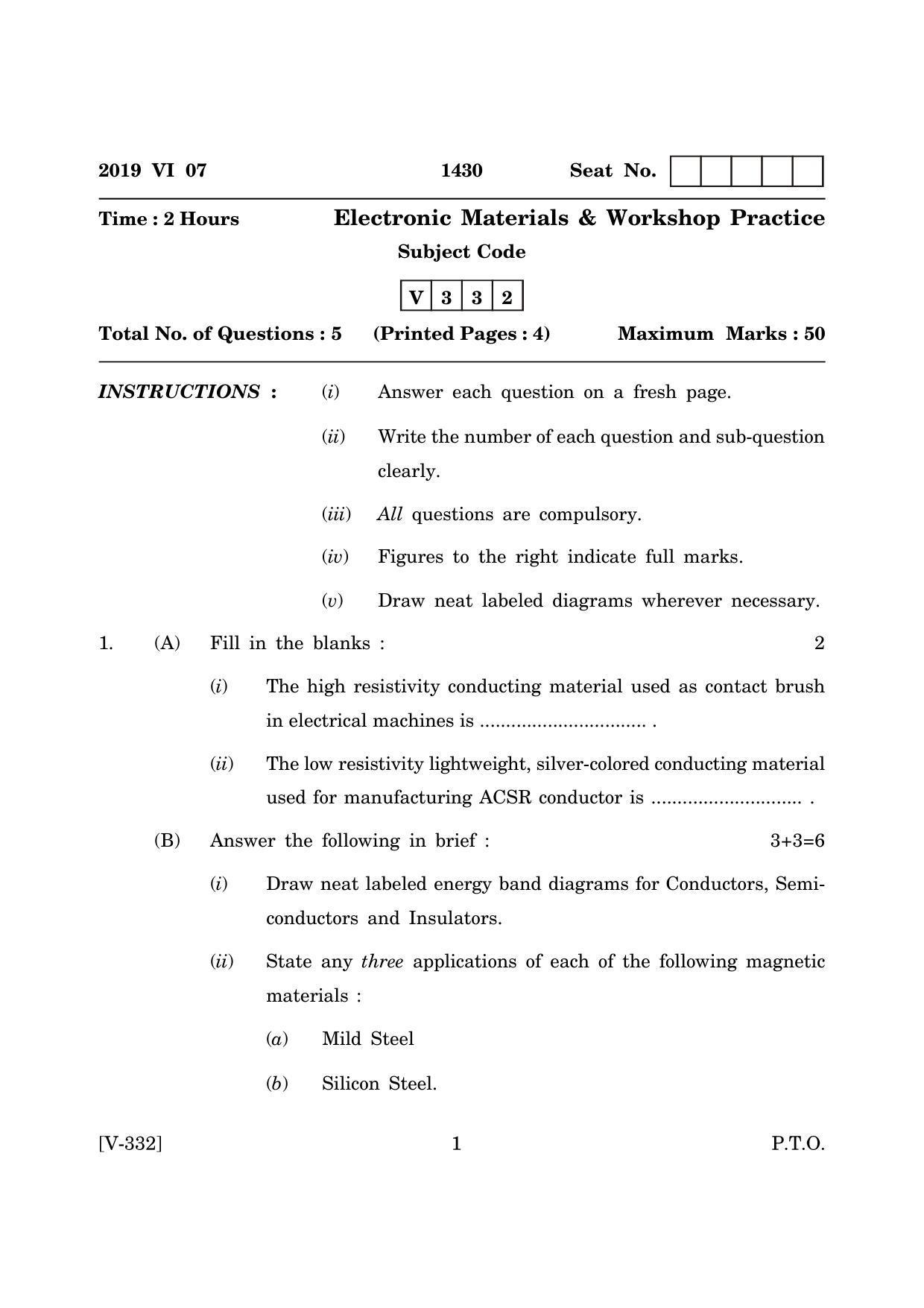 Goa Board Class 12 Electronic Material & Workshop Practice June 2019 (Workshop Practice) Question Paper - Page 1
