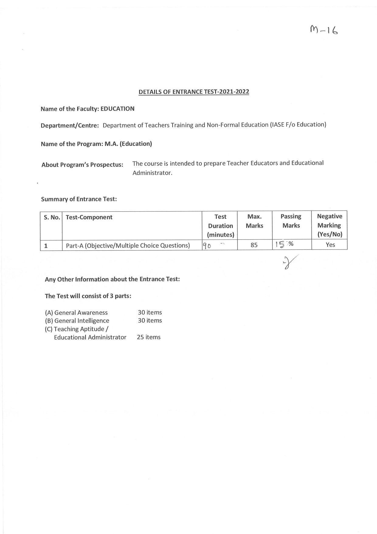 JMI Entrance Exam M16-M.A.(Education) Syllabus - Page 1