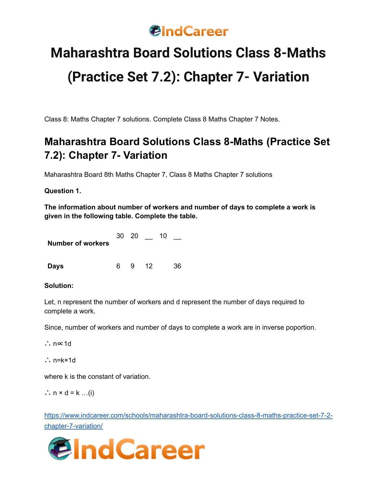 Maharashtra Board Solutions Class 8-Maths (Practice Set 7.2): Chapter 7- Variation - Page 2