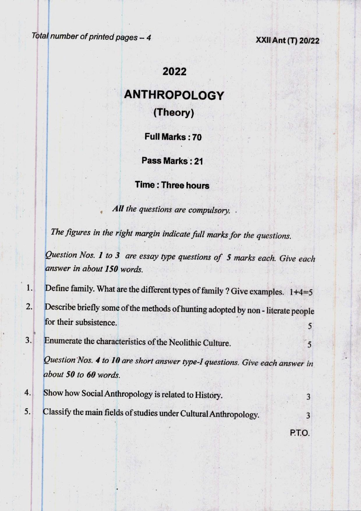 COHSEM 12th Question Papers 2022 Anthropology - Page 1