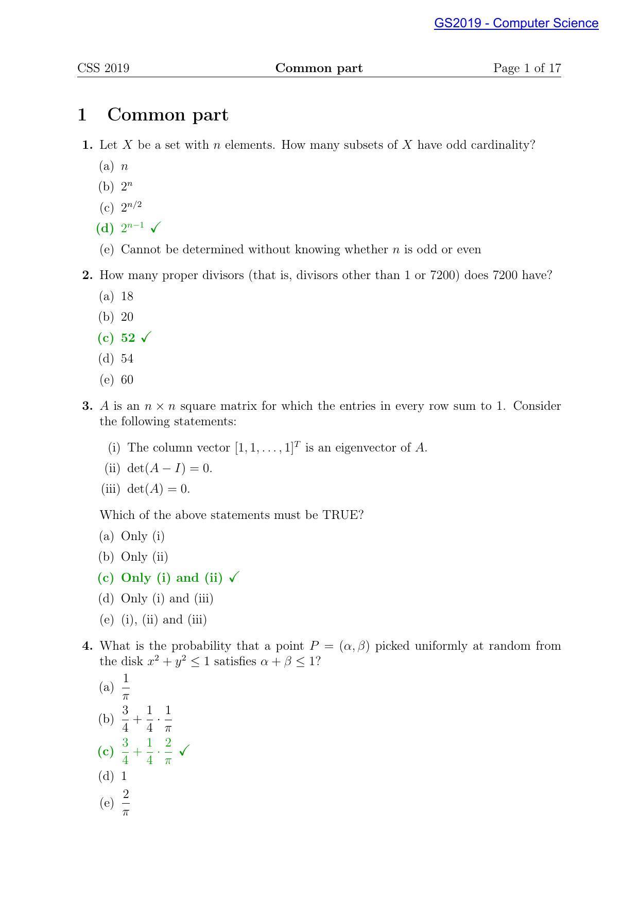 TIFR GS 2019 Computer & Systems Sciences Question Paper - Page 1