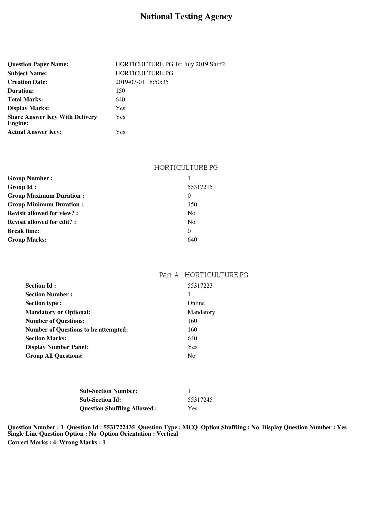 ICAR AIEEA PG 2019 HORTICULTURE Question Paper - Page 1