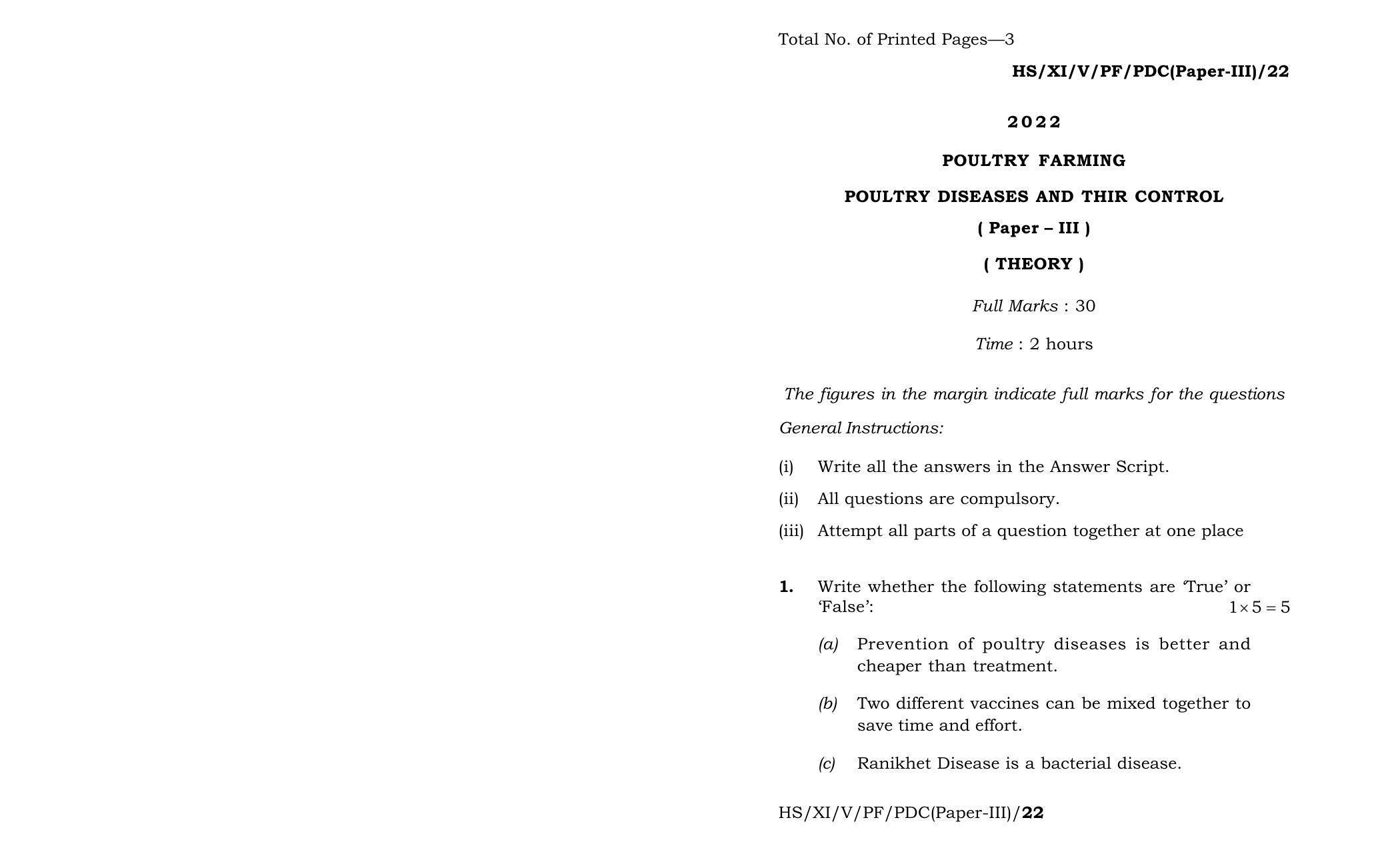 Meghalaya Board (MBOSE) Class 11 Poultry Farming Paper III (theory) 2022 Question Paper - Page 1