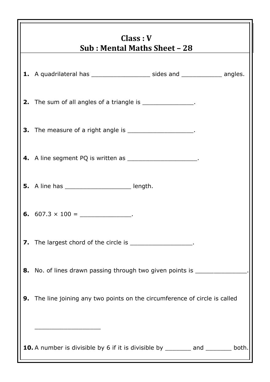 Worksheet for Class 5 Maths Mental Maths Assignment 3 - Page 1
