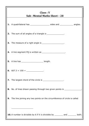 Worksheet for Class 5 Maths Mental Maths Assignment 3
