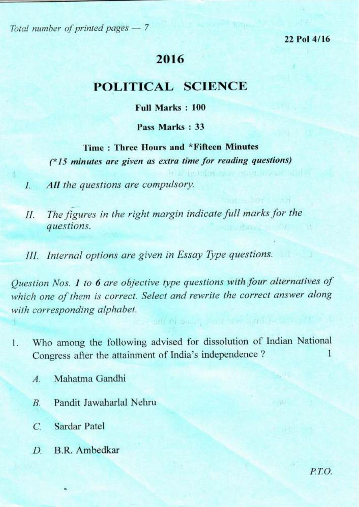 COHSEM Class 12 Political Science 2016 Question Papers - Page 1