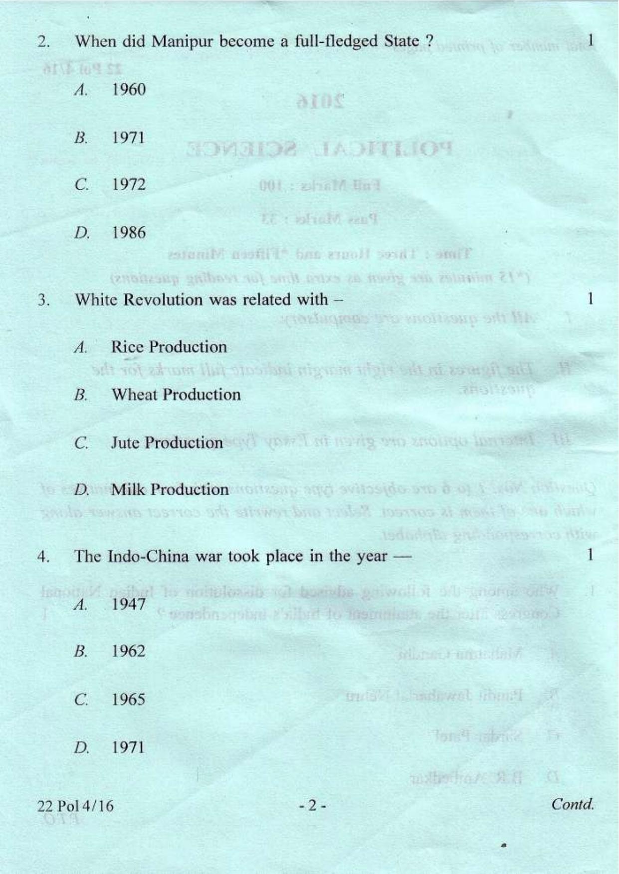 COHSEM Class 12 Political Science 2016 Question Papers - Page 2