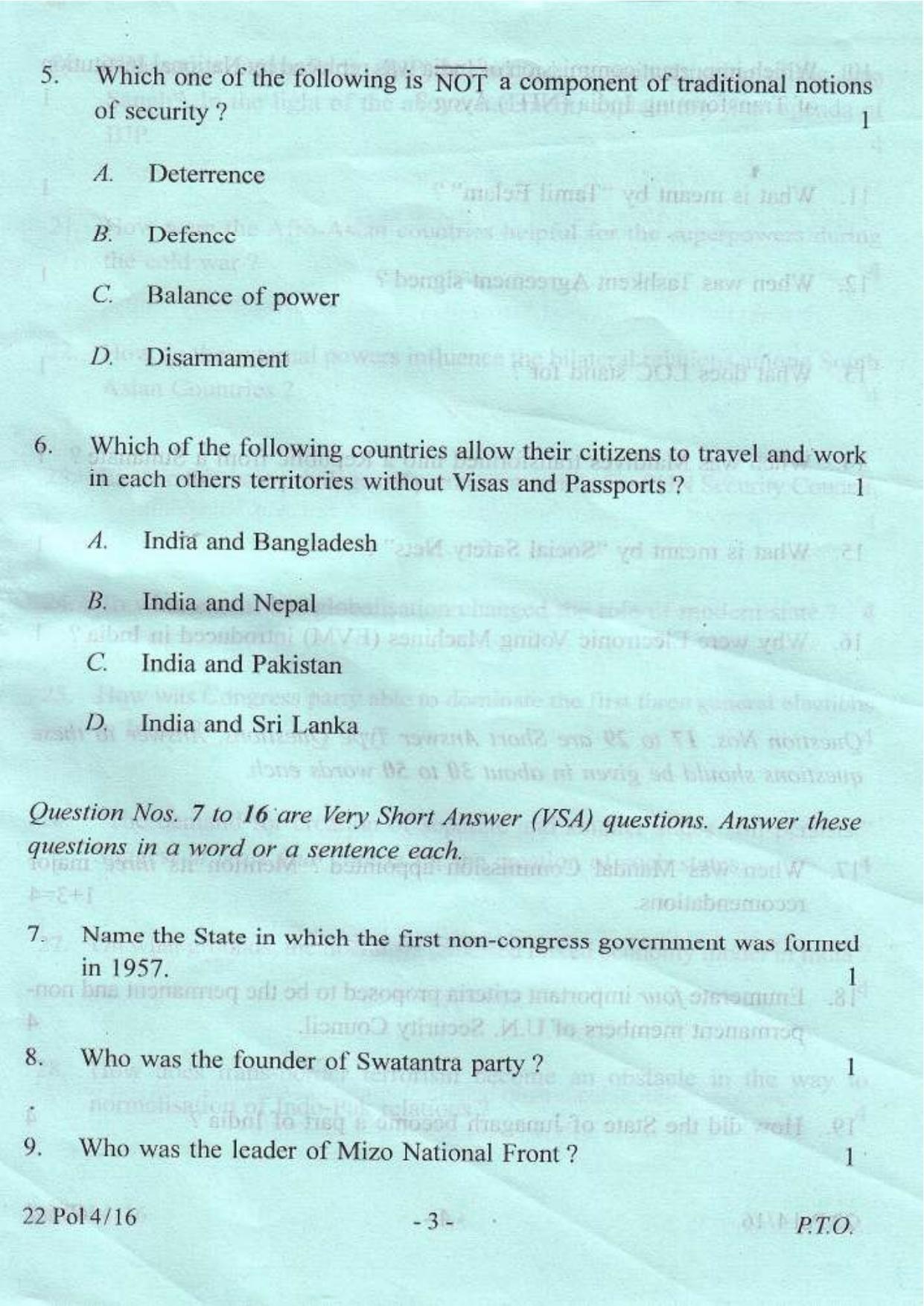 COHSEM Class 12 Political Science 2016 Question Papers - Page 3