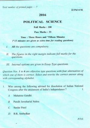 COHSEM Class 12 Political Science 2016 Question Papers