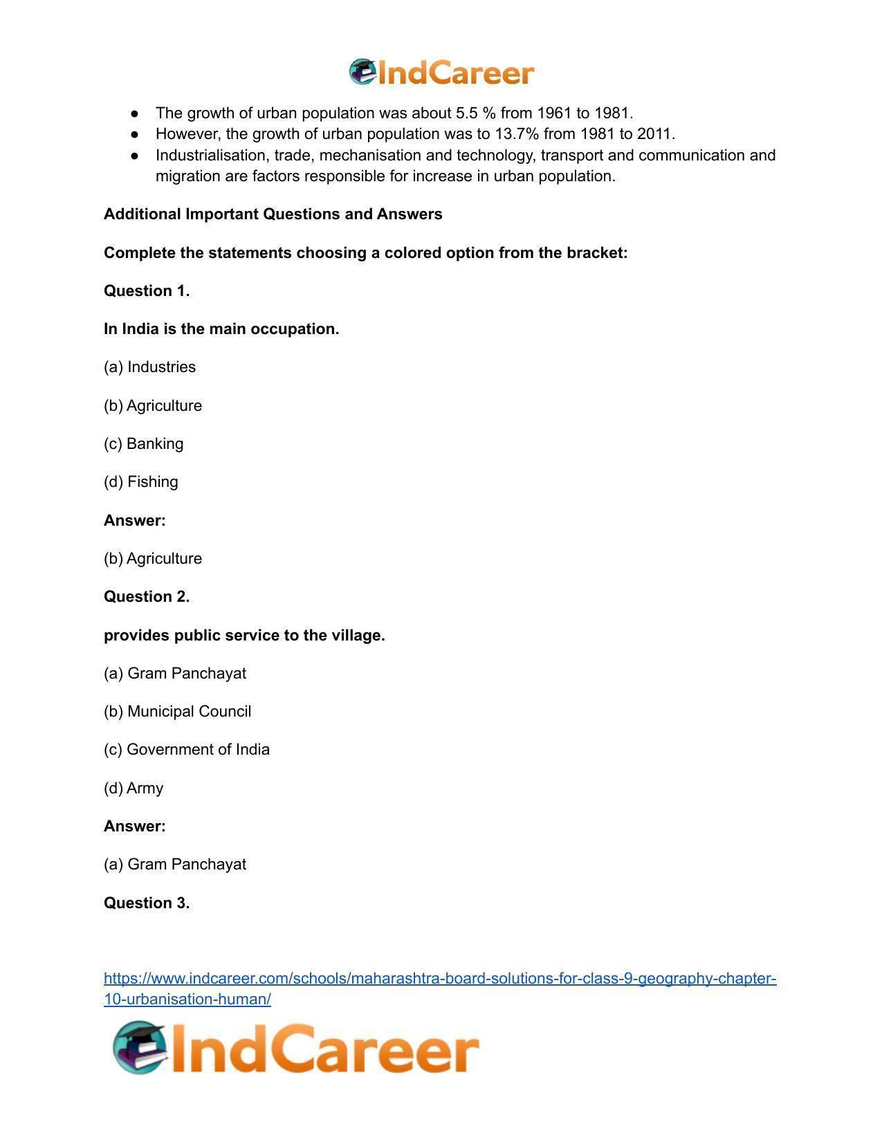 Maharashtra Board Solutions for Class 9- Geography: Chapter 10- Urbanisation Human - Page 22
