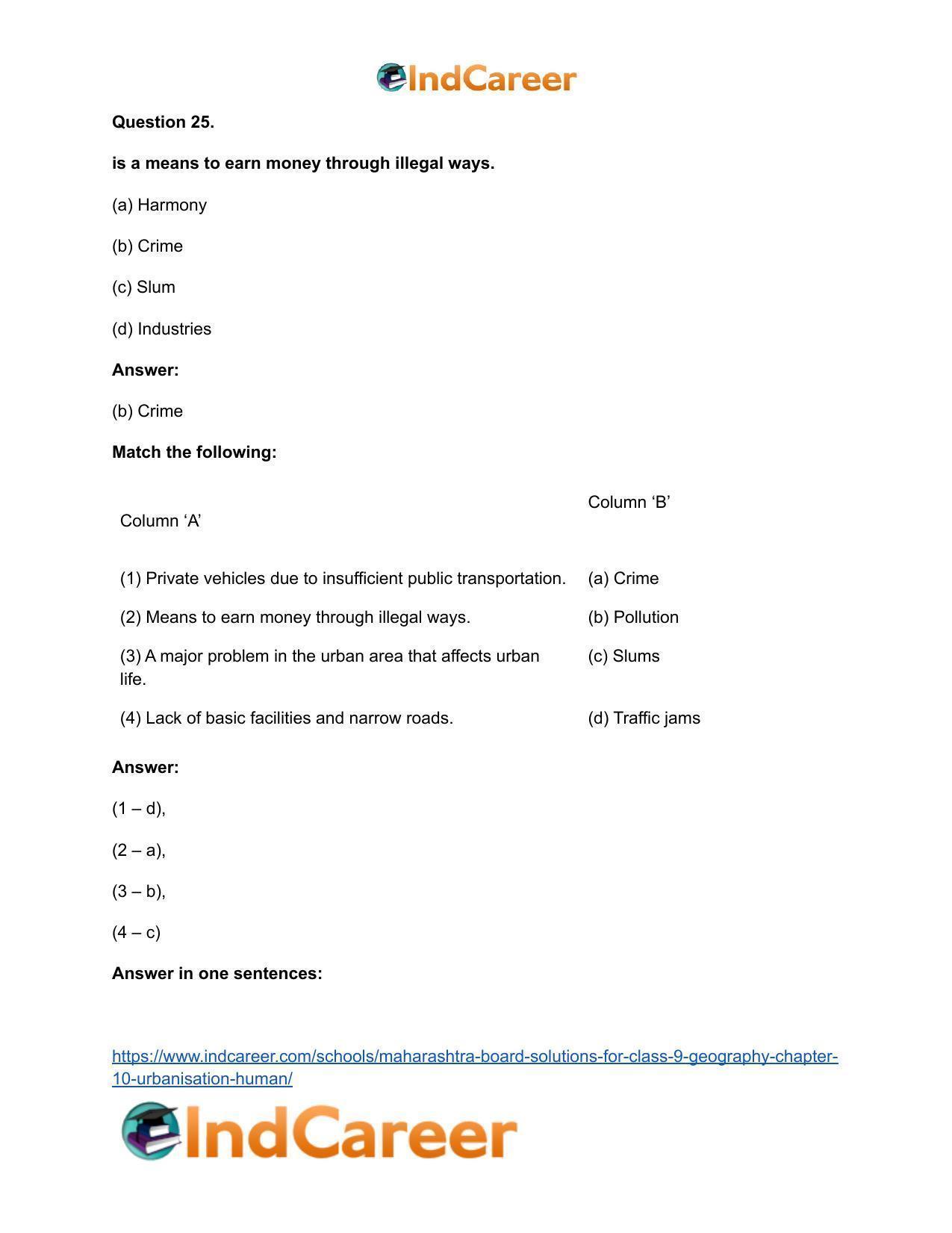 Maharashtra Board Solutions for Class 9- Geography: Chapter 10- Urbanisation Human - Page 31