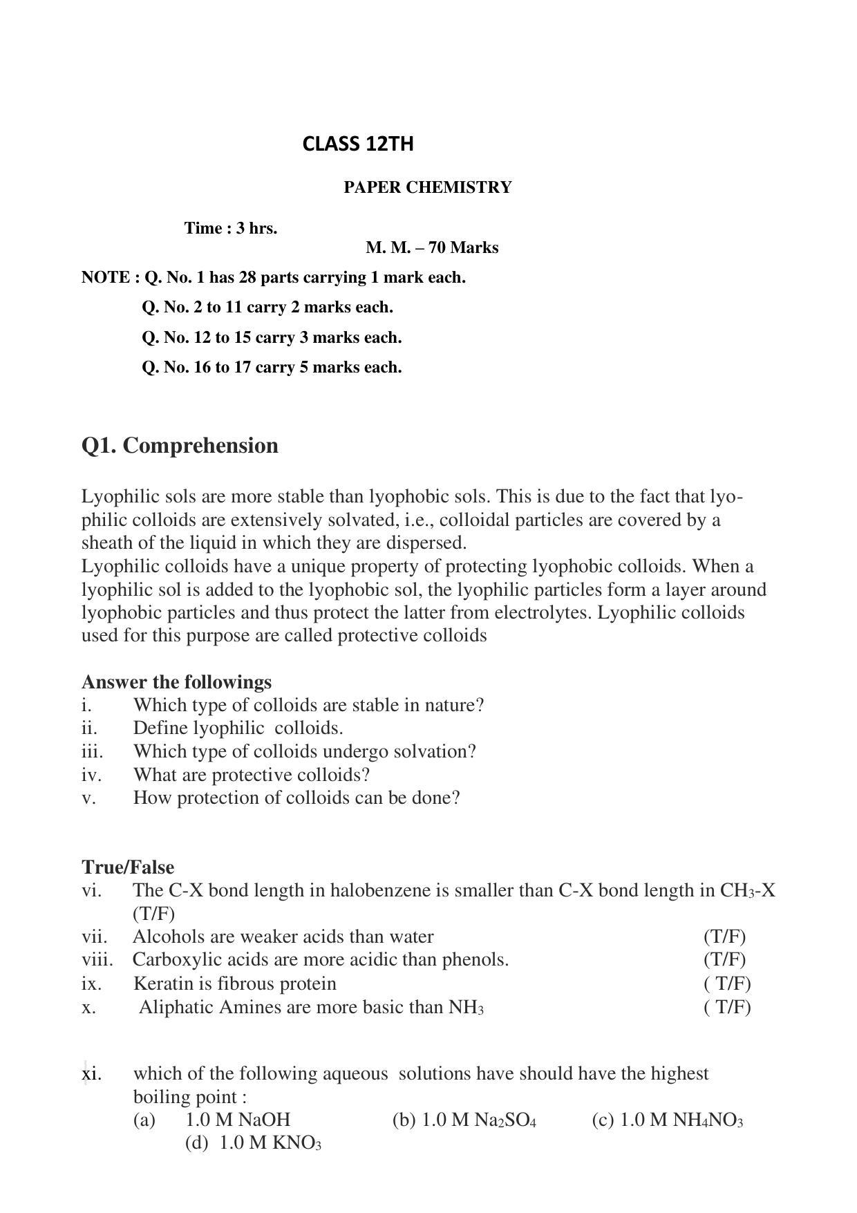PSEB Class 12 Chemistry Model Papers - Page 1