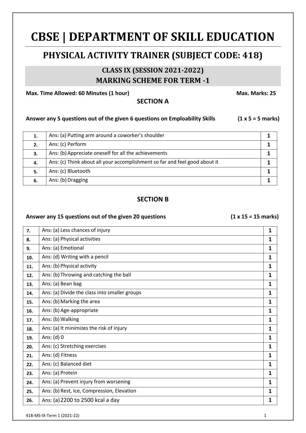 CBSE Class 10 Skill Education (Term I) - Physical Activity Trainer Marking Scheme 2021-22 - Page 1