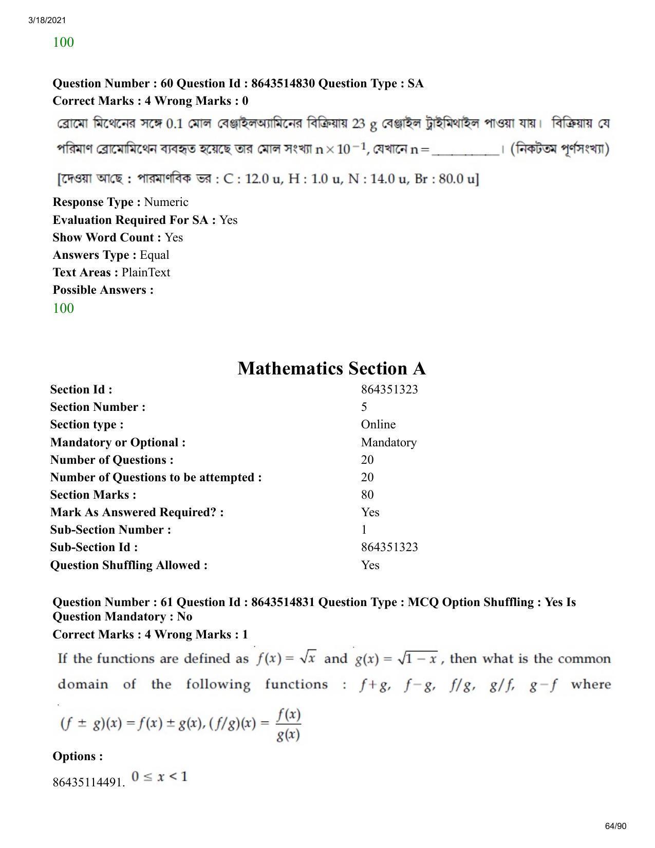 JEE Mains 2021: BTech EB (Shift 1) 18-03-2021 Question Paper - Page 64