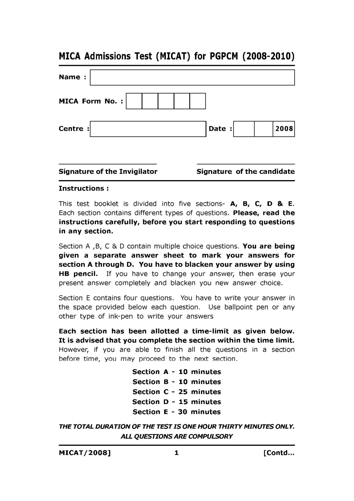 MICAT Sample Questions 2008-10 - Page 1