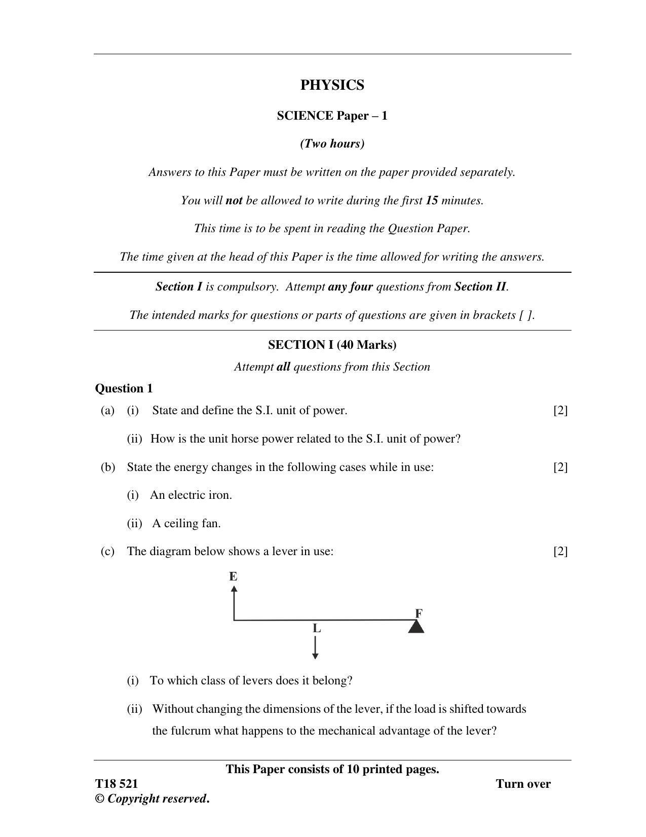 ICSE Class 10 Science Paper 1 (Physics) 2018 Question Paper - Page 1