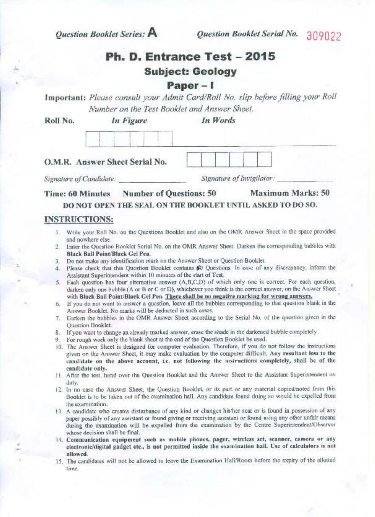 PU MPET Geology 2015 Question Paper - Page 1