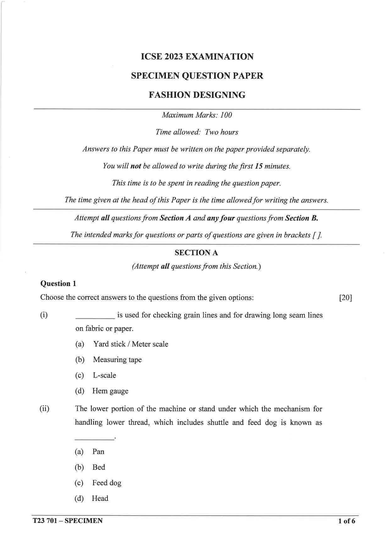 ICSE Class 10 Fashion Designing Sample Paper 2023 - Page 1