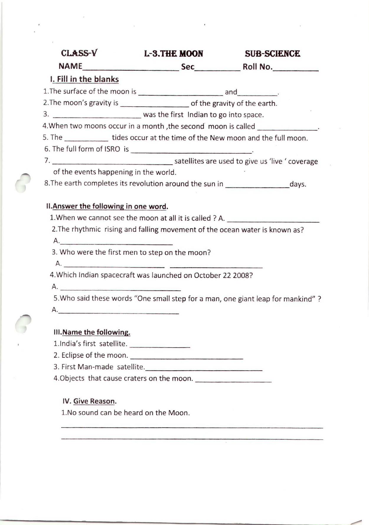 Worksheet for Class 5 Science The Moon Assignment 1 - Page 1