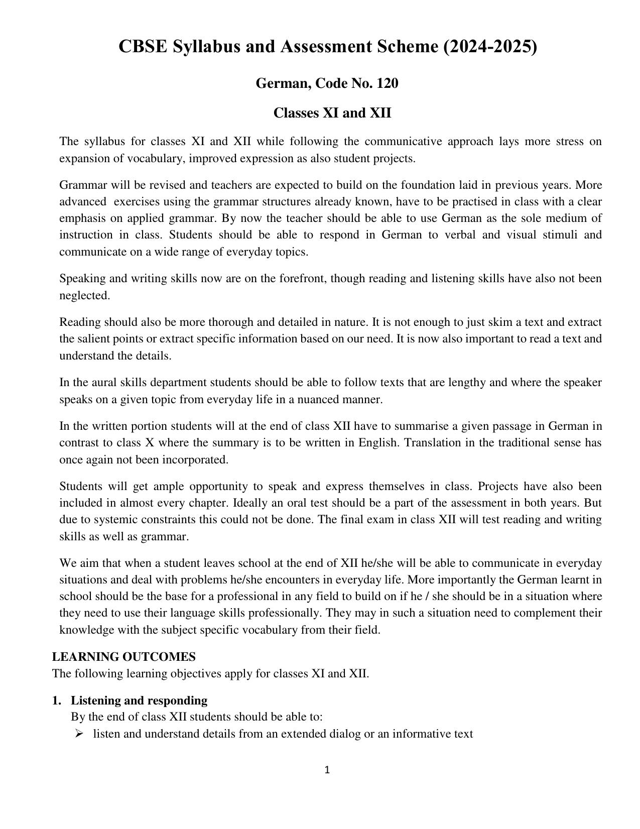 CBSE Class XI & XII German Syllabus - Page 1