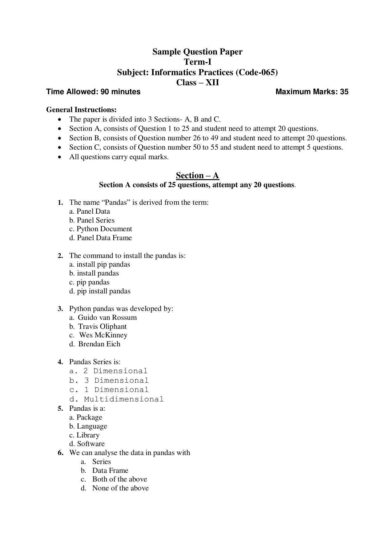 CBSE Class 12th Informatics Practices Sample Question Paper 2021-22 - Page 1