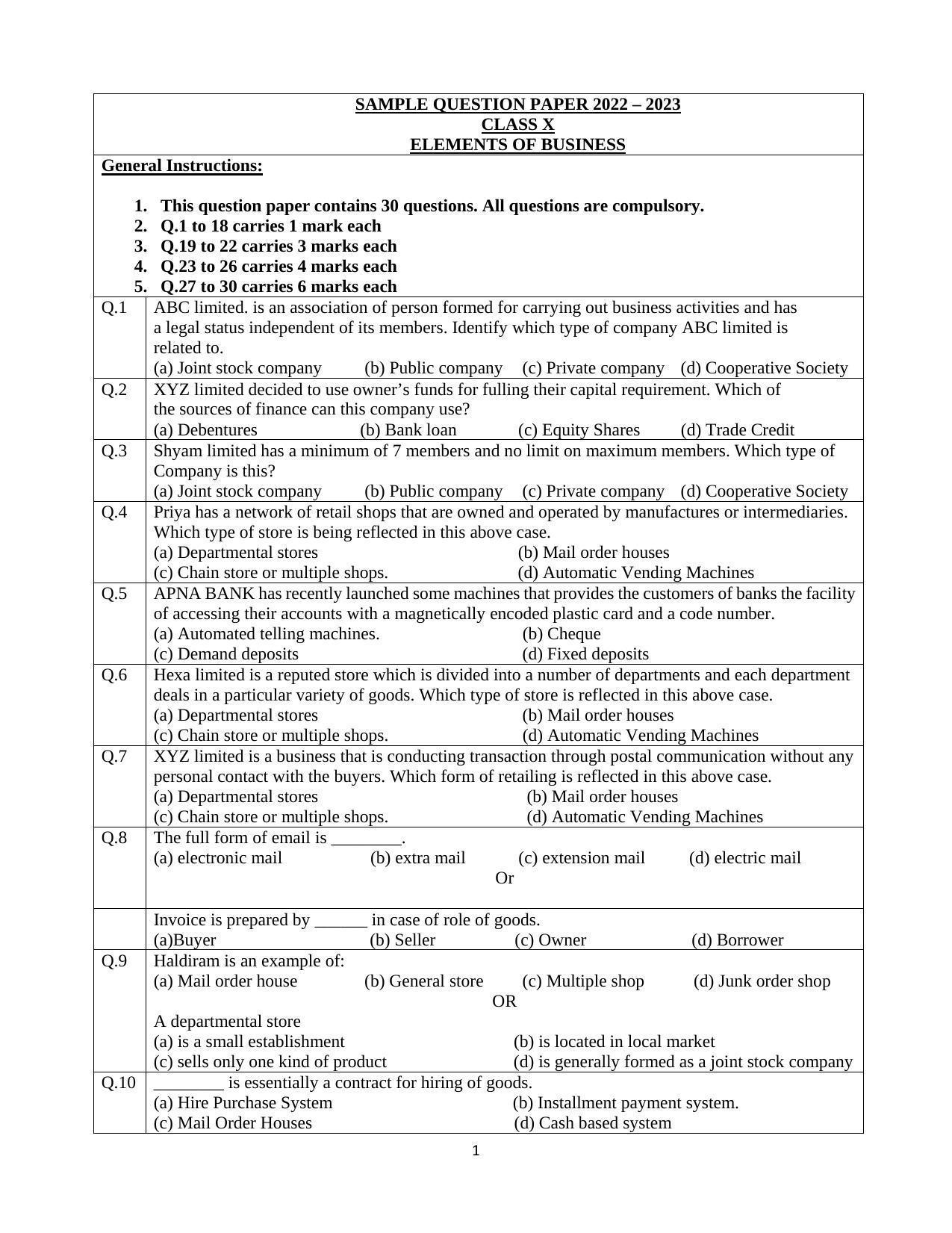 CBSE Class 10 Elements of Business Sample Papers 2023 IndCareer Docs