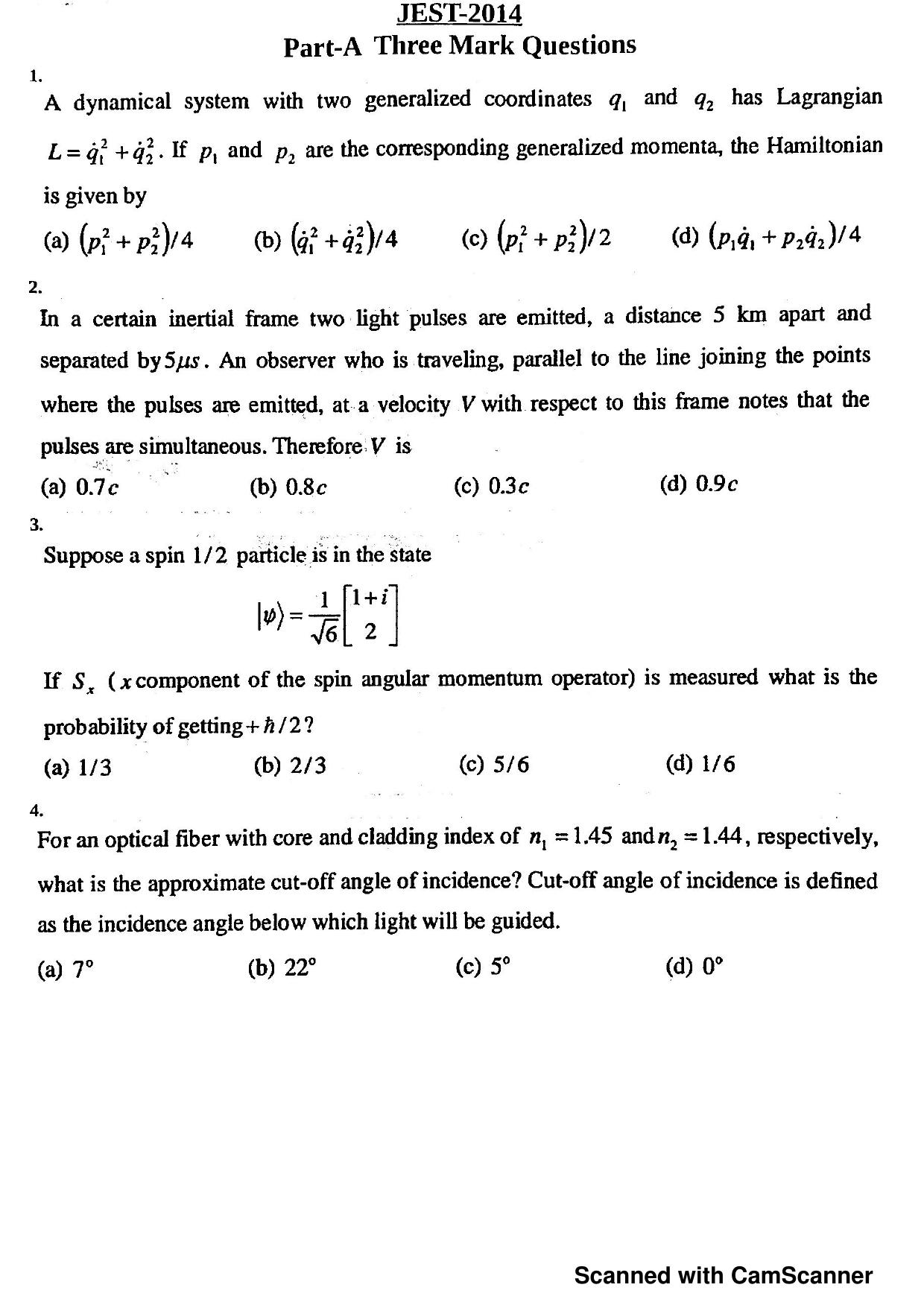 JEST 2014 Physics Question Paper with Answer key - Page 1