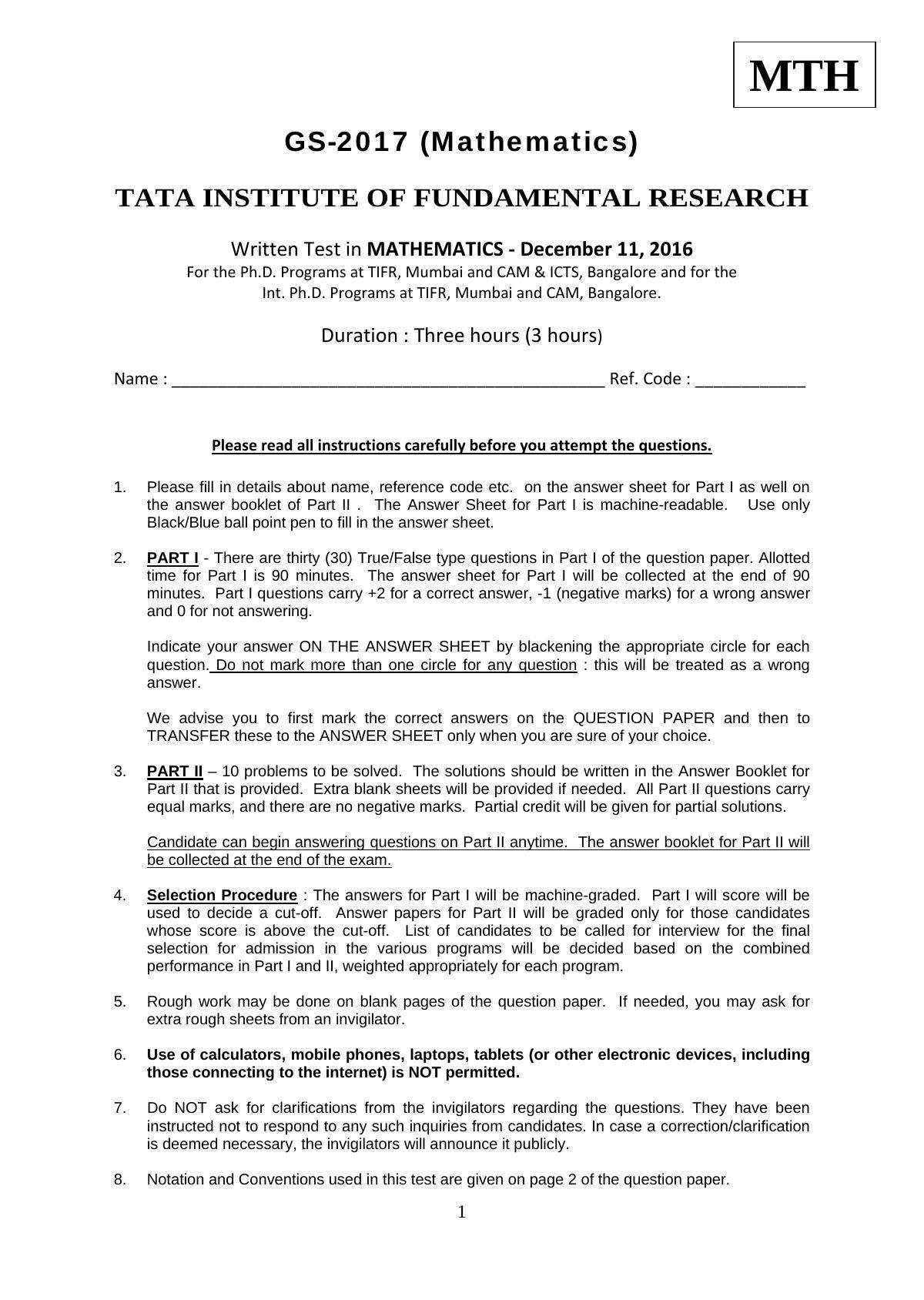 TIFR GS 2017 Mathematics Question Paper - Page 1