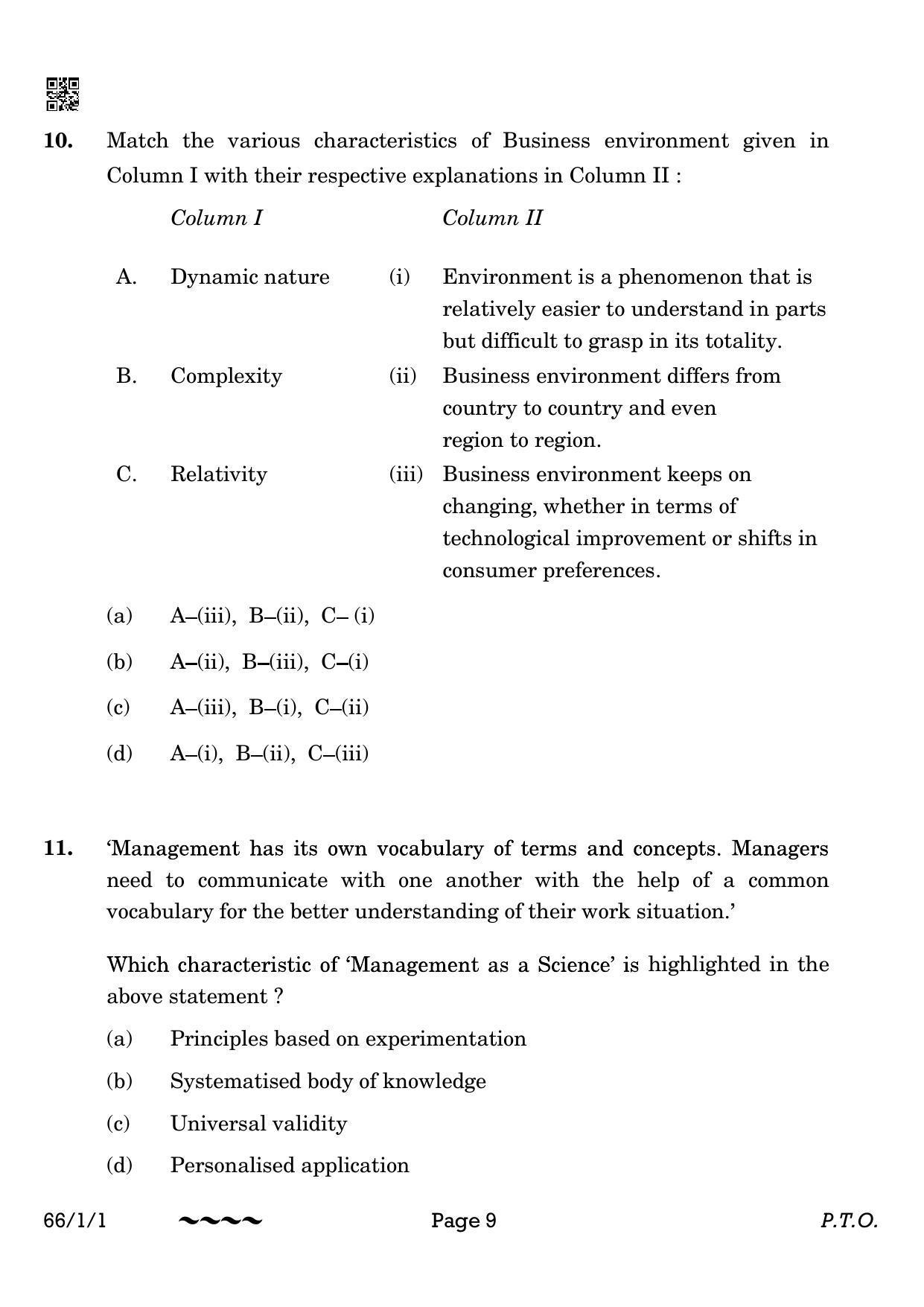 CBSE Class 12 66-1-1 Business Studies 2023 Question Paper - Page 9