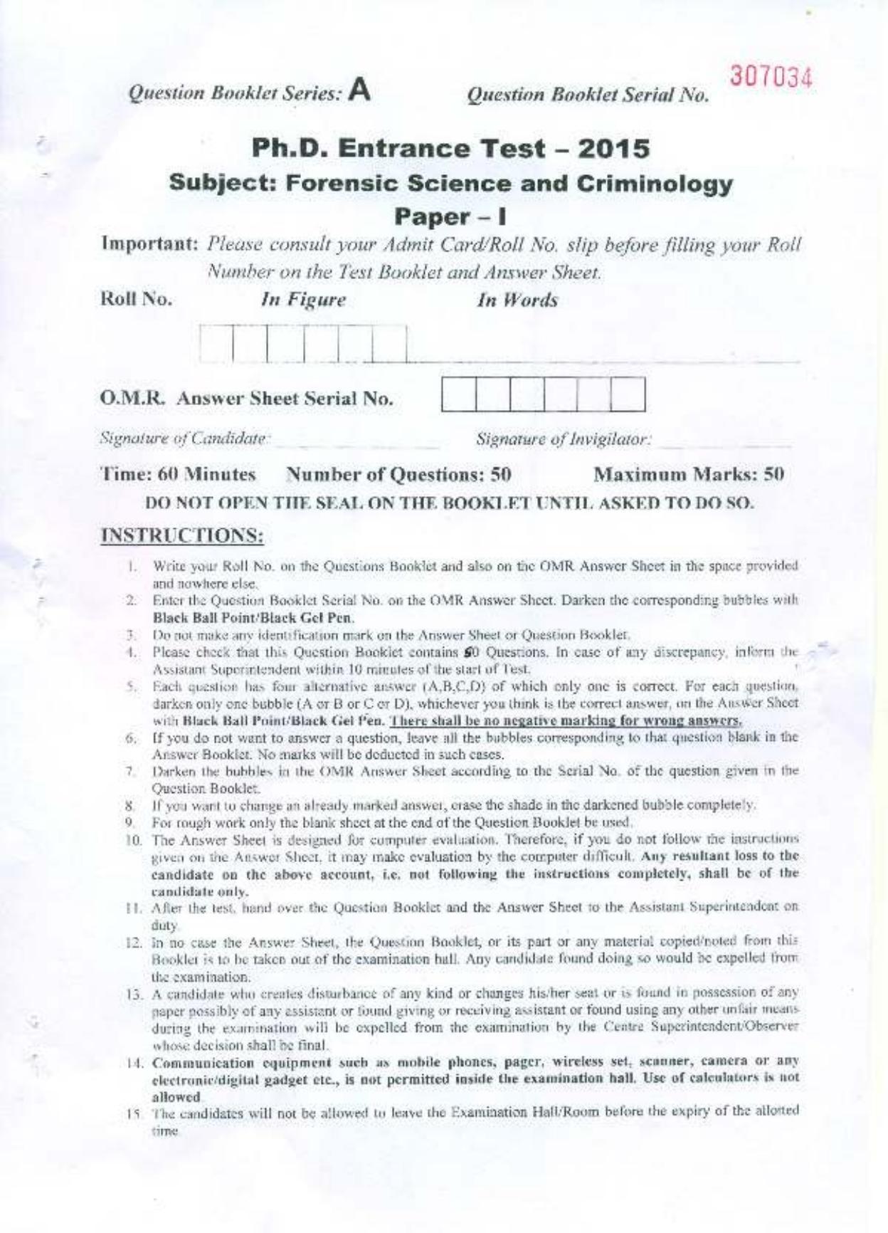 PU MPET Forensic Science and Criminology 2015 Question Paper - Page 1