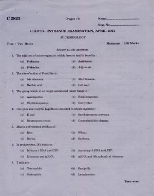 CUCAT 2021 M.Sc Microbiology Question Paper
