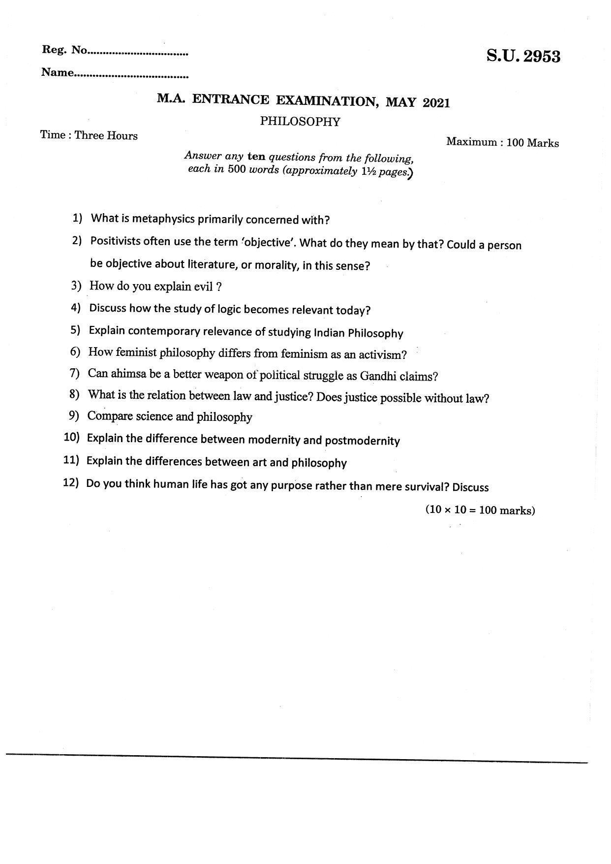 SSUS Entrance Exam Philosophy 2021 Question Paper - Page 1