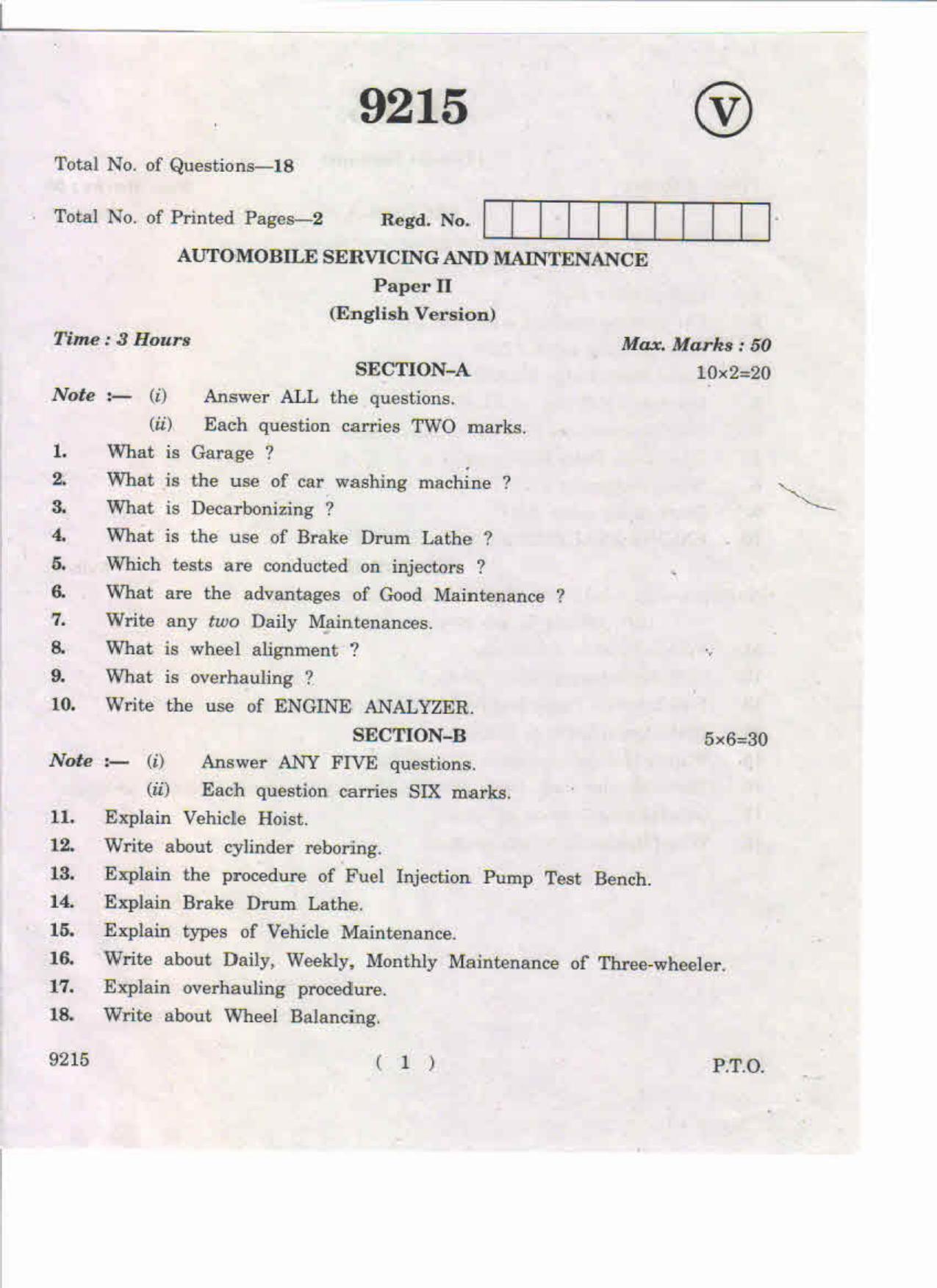 AP Inter 2nd Year Automobile Servincing and Maintenance-II May-2019-Vocational Question Paper - Page 1