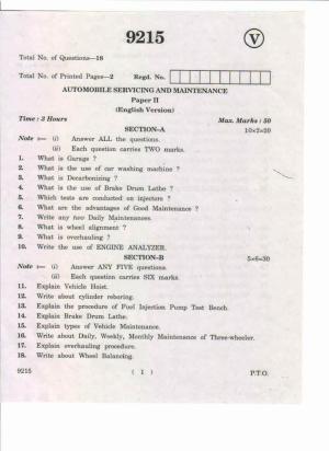 AP Inter 2nd Year Automobile Servincing and Maintenance-II May-2019-Vocational Question Paper